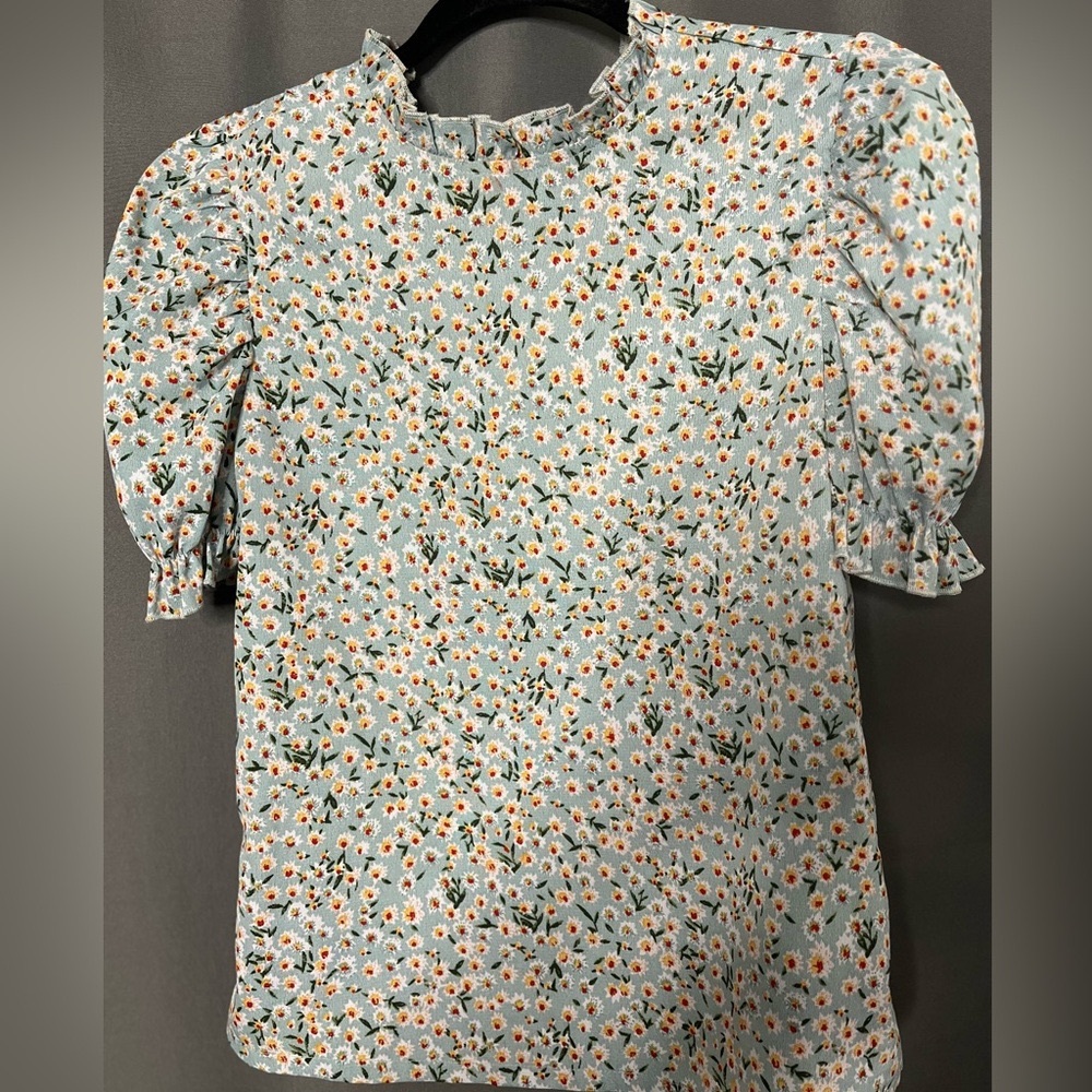 🔥Green floral print short sleeve casual blouse XS